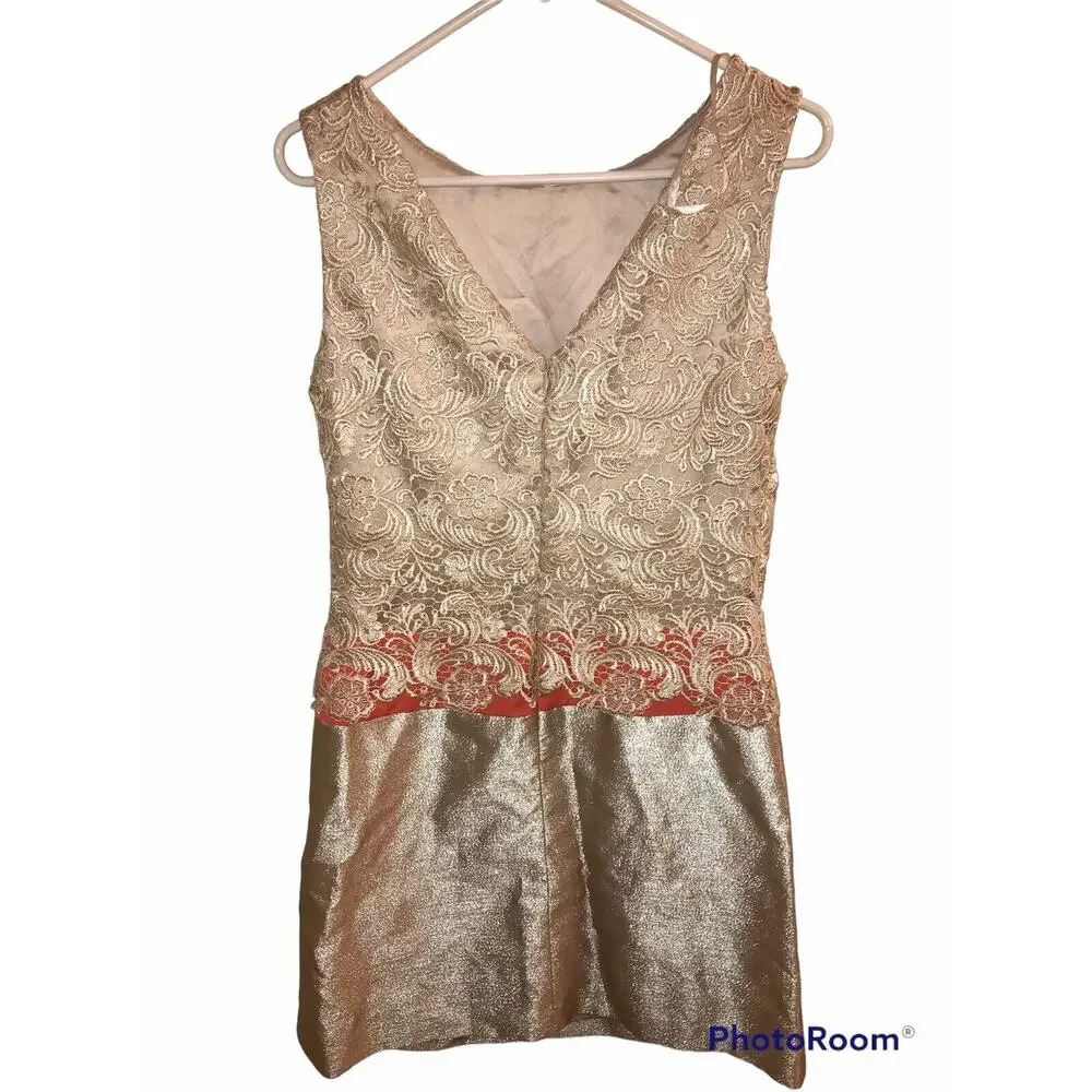 Eliza J MISSY Women's Dress Size 8 Lace Coral‎ Gold Beige Shift Mini Formal NWT - Picture 3 of 6